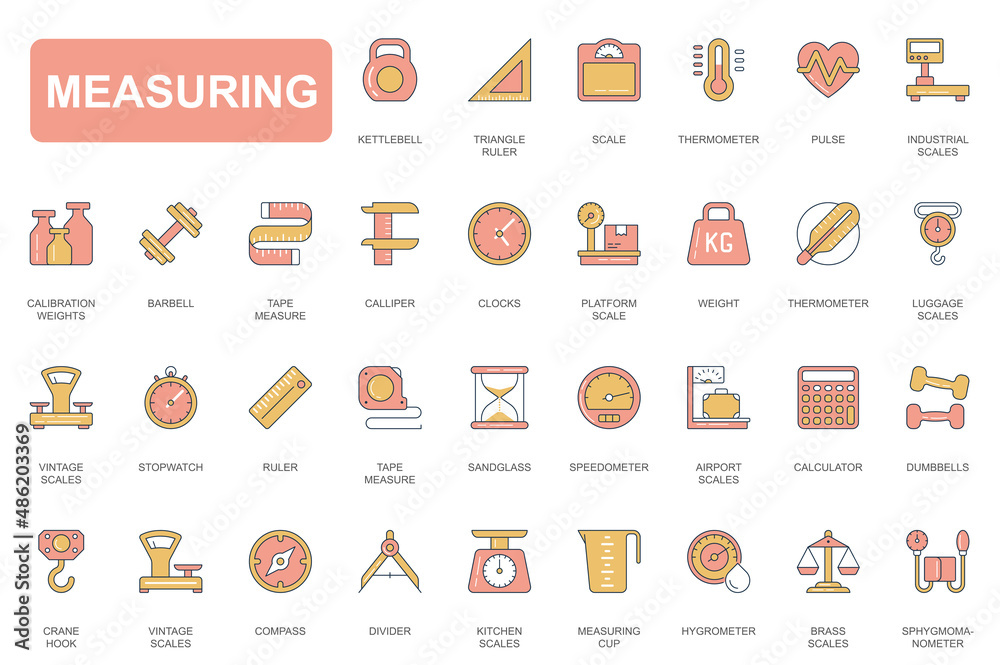 Poster measuring concept simple line icons set. pack outline pictograms of kettlebell, ruler, scales, therm