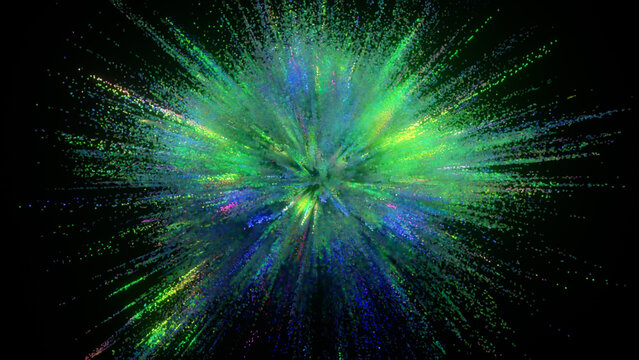 An explosion of colors on a dark background. Blue green color. Multicolored particles. 3d illustration