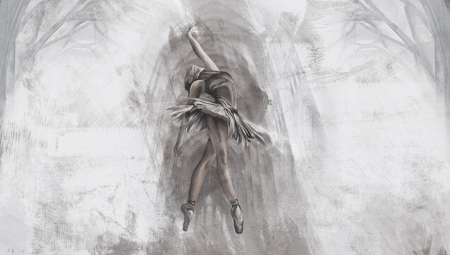 drawn ballerina in gothic columns on a textured background, photo wallpaper for the interior, art drawing © Viktorious_Art
