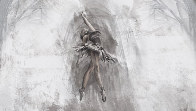 drawn ballerina in gothic columns on a textured background, photo wallpaper for the interior, art drawing