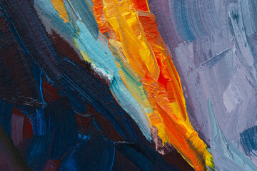 Orange red blue abstract painting. Beautiful brush strokes close-up. Textured abstract sunset background. Oil painting fragment. Expression, life movement. Conceptual art. Original artistic background