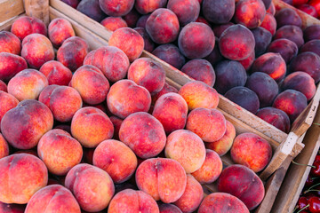Fresh ripe fruits on the market in boxes