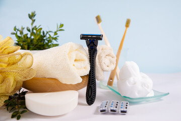 Men's body care set. The concept of morning hygiene and care. Hygiene products. Close-up.