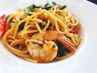 Stir fried spice Spaghetti with seafood.