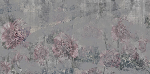 Fototapety  wall with textural elements drawn art flowers on a dark gray background