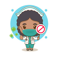 Cute nurse with stop sign chibi cartoon character