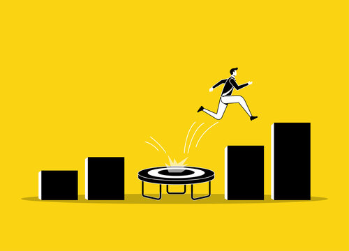Businessman jump from trampoline back to the top. Business concept vector illustration
