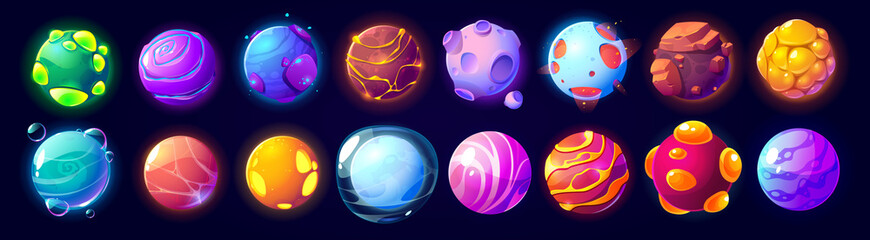 Fantasy alien planets for ui space game. Vector cartoon icons set of magic fantastic world, cosmic objects different colors with bubbles, holes and spirals. Cute planets and moons collection
