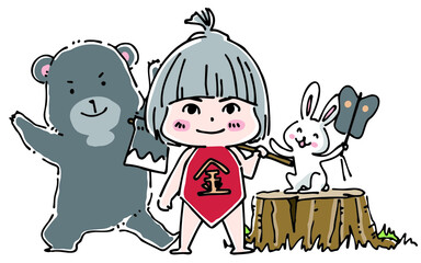 動物たちと立つ金太郎