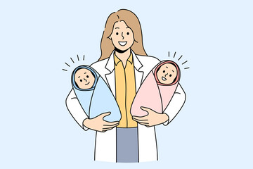 Giving birth to twins concept. Young woman doctor nurse midwife standing and holding twins boy and girls newborn infant in hands in clinic vector illustration 
