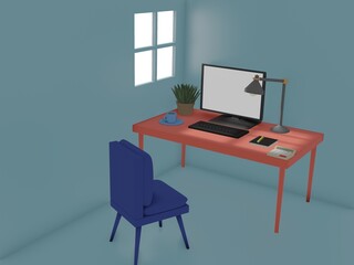 3D Render of Desk Space for Working at Home.