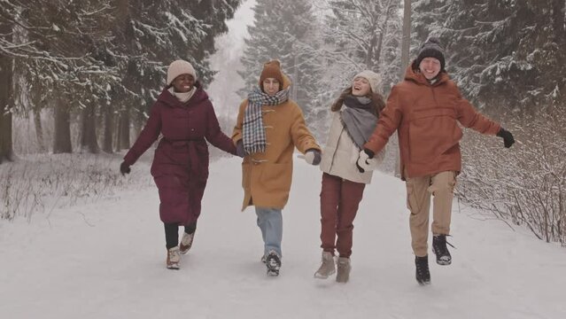 Slowmo shot of group of four young multiethnic friends having fun together in winter forest enjoying snow