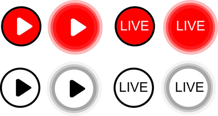 Live streaming icon set. live icon. Online stream. Video play. Red symbols and buttons of live streaming. Play button icon set