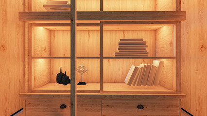 Old Wooden Bookshelf Illuminated with Orange Artificial Light and Old Books Inside