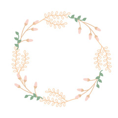 Wreath of delicate beige and green twigs and pink buds. Festive vector illustration for ordering postcards, invitations. Rustic template for circle-shaped text
