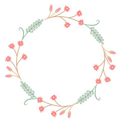 Wreath of delicate pink buds and flowers and green twigs with leaves. Festive vector illustration for ordering postcards, invitations. Rustic template for circle-shaped text
