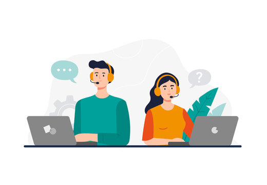 A man and woman from a call center. Dealing with a customer problem, answering calls, chatting with clients. Customer support department staff, telemarketing agents. Vector flat illustration.