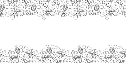 Vector cute border, frame of butterflies, honey bees and flowers in doodle style. Horizontal top and bottom edging, decoration, seamless pattern for holidays, natural design, spring, summer, children