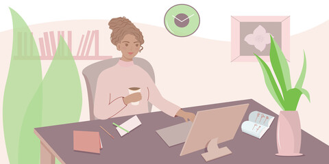 The girl works at home. Vector illustration.