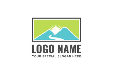 panorama mountain sunrise, landscape travel logo design.