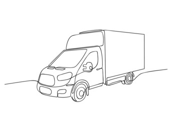 Modern truck. One continuous line drawing. Delivery of goods by trucks. Cargo taxi. Courier cargo van. Business for express delivery of goods, food, parcels. Sketch, linear drawing