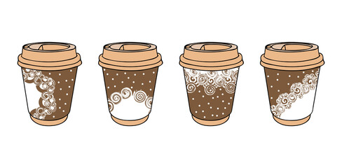 Paper coffee cups collection decorated openwork pattern. Take away coffee cups. Coffee to go graphics template. Hot drinks take away concept. Draw attention to design in your coffee house - obrazy, fototapety, plakaty