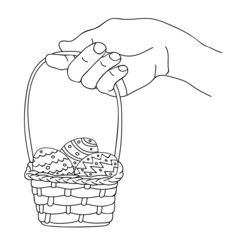 Happy Easter. Hand holding of easter basket with colored eggs. Coloring page with Easter basket. Symbol of spring religious holiday. Vector illustration on white background. Linear sketch