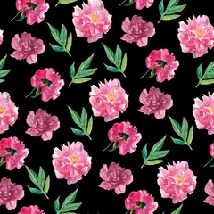 Sierkussen Watercolor seamless pattern with pink peonies on black background. Spring, botanical, floral hand painted print.Designs for scrapbooking, packaging, wrapping paper, social media, textiles, fabric. © Мария Минина