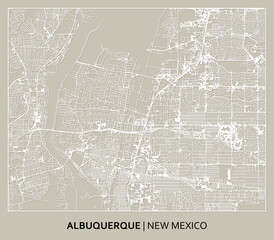 Albuquerque (Bernalillo, New Mexico, United States) street map outline for poster, paper cutting. High printable detail travel map vector.