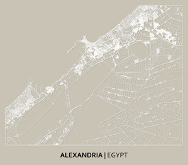 Alexandria (Egypt) street map outline for poster, paper cutting. High printable detail travel map vector.