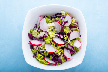 Closeup view of a bowl of green salad over blue backdrop