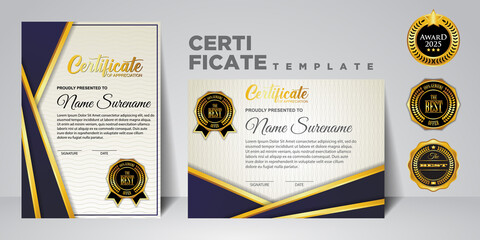 Obraz na płótnie Canvas Set modern gradient color certificate template design. Certificate of Achievement with a gold badge