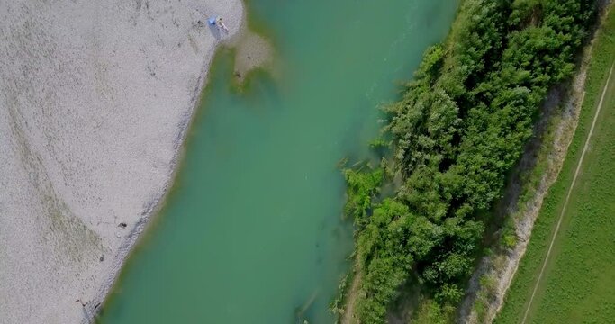 Drone flyover river green and blue river
