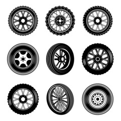 Set of different car and motorcycle wheels in monochrome style. Design element for logo, label, sign, poster, card. Vector illustration