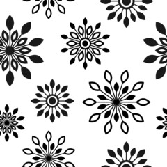 Floral Seamless pattern texture with black ethnic flowers. Geometric blooms. ornament for printing on fabric, paper or wrapping