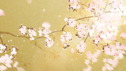 Golden oriental background material using cherry blossoms