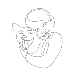 Animal Lovers Continuous Line Art Drawing. Boy and Dog Simple Contour Drawing for Logo Design. Continuous One Single Line Drawing Pet Portrait. Vector EPS 10.
