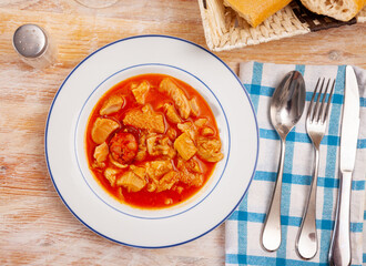 Traditional Spanish tripe dish Callos de ternera with tomato and paprika sauce