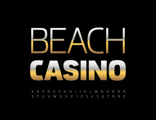 Vector premium sign Beach Casino. Elegant metallic Font. Slim Gold Alpahebt Leyyets and Numbers set