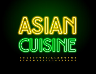 Obraz premium Vector Neon Sign Asian Cuisine. Electric Font. Bright Alphabet Letters and Numbers set