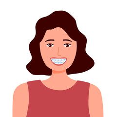 Smiling woman with dental braces in flat design on white background. Orthodontic concept vector illustration.