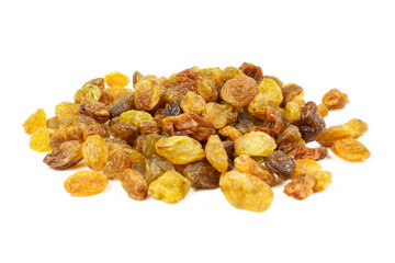 A handful of dark raisins on a white isolated background.