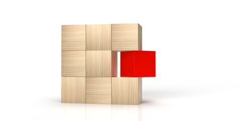 business concept and design Abstract geometric wooden cube with surreal layout on white background symbolizes leadership. teamwork and difference