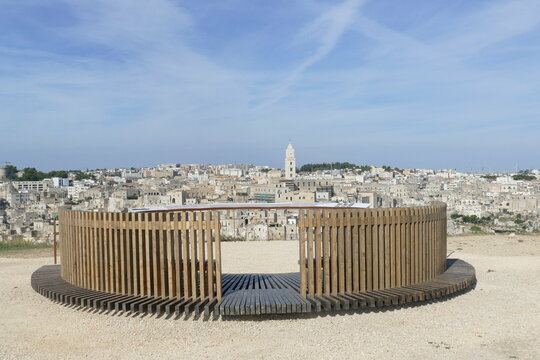 panorama on Matera and on the canyon carved by the Gravina River in Murgia Materana Park from Murgia Timone viewpoint 
