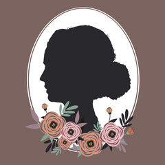 Silhouette of a girl in a frame with flowers. Vintage style. For March 8, Mother's Day.