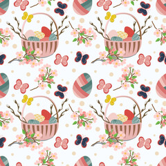 Seamless pattern with Easter design elements.  Eggs, butterflys, basket, flowers, Vector decorating elements for Easter and spring greeting cards, banner, textile, paper.
