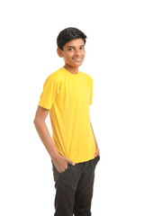 Indian child giving expression on white background.