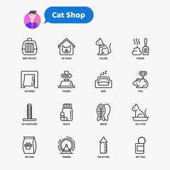 Cat shop thin line icons set: pet transport bag, hygiene, pet collars, doorway, toys, feeders, scratchers, cat litter box, snack, training. Modern vector illustration.