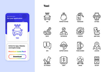 Fototapeta na wymiar Taxi app thin line icons set: payment method, promocode, app settings, info, support service, phone number, location, pointer, route, destination, airport transfer, baby seat. Vector illustration.