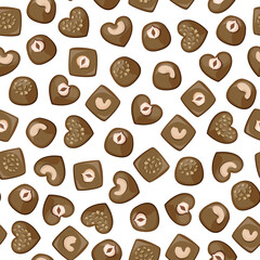 Vector seamless pattern. Milk chocolate sweets with nuts isolated on white background.
